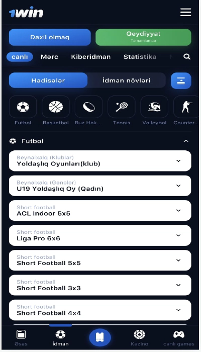 1Win AZ-ın mobil versiyası-resursun əsas səhifəsi